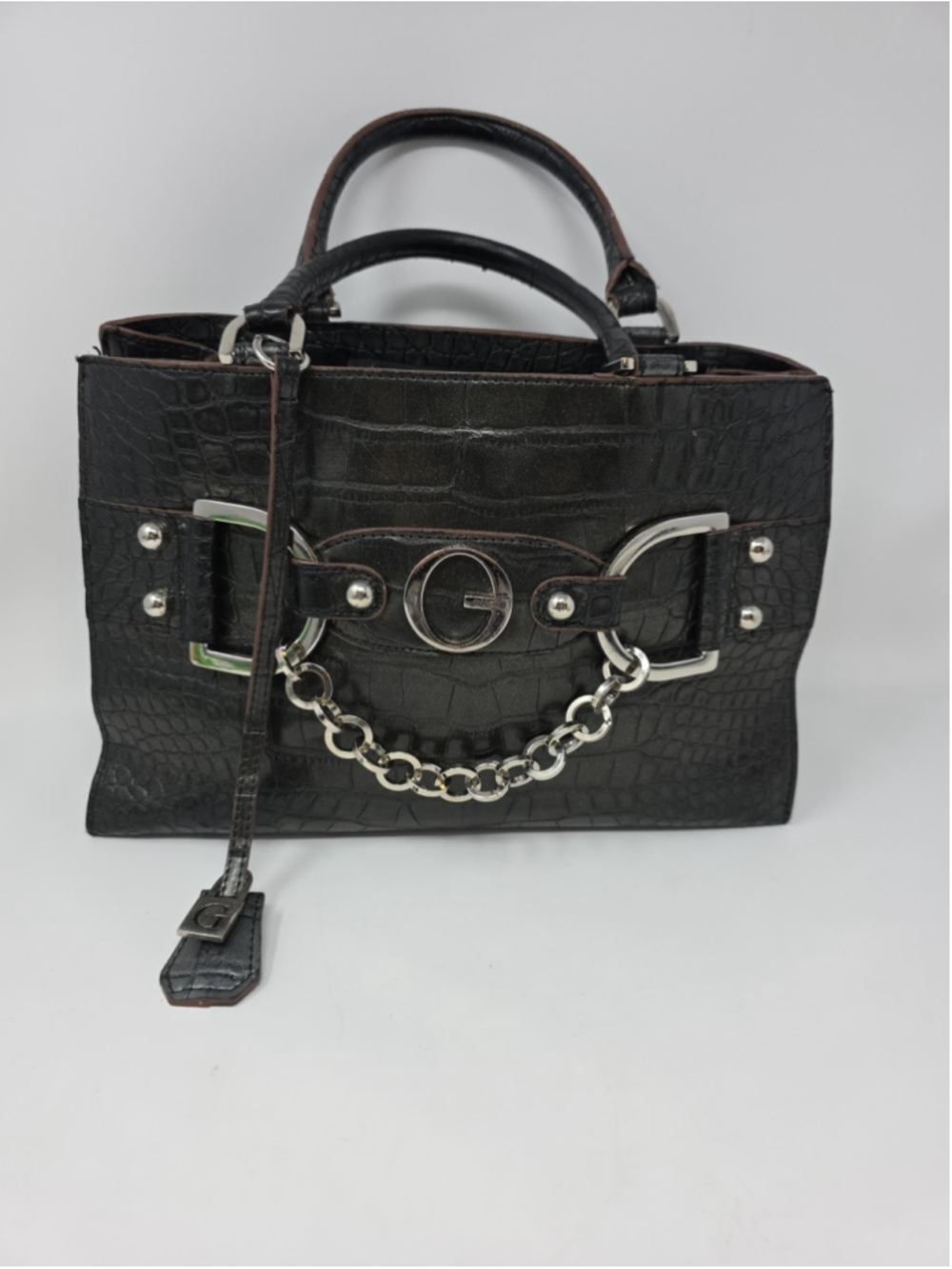 GUESS Y2K Vtg Black Croc Embossed Gunmetal Grey Bag Large Logo Designer Purse